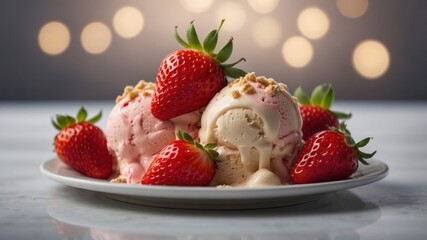 dessert in the form of sweet creamy ice cream with strawberries.