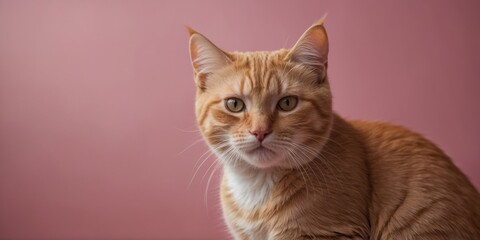 Red cat peeks curiously from behind a pink background.