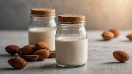 Almond milk in a glass bottle with whole almonds.