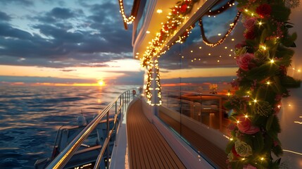 Festive yacht decorated with bright garlands and flowers