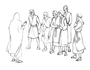 Pencil drawing. The men caught the guy and are leading him