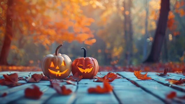 Two carved pumpkins glow warmly on a rustic wooden table, surrounded by vibrant autumn leaves. The background captures the essence of a magical fall evening with golden hues and a dreamy bokeh effect