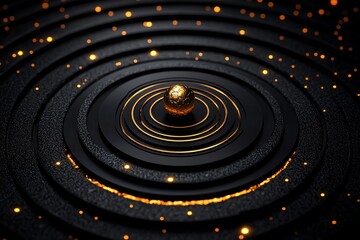Obraz premium Abstract black and gold concentric circles with a sphere in the center and glowing particles.