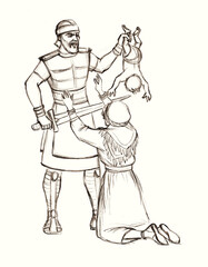 Pencil drawing. A warrior with a sword kills a baby