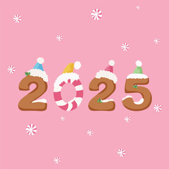 Figure 2025 in the form of gingerbread. in hats on a pink background with confetti from candy.