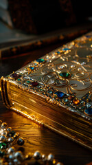 An ancient book with a gemstone-encrusted cover. Valuable antique manuscript. Close-up photo of a museum exhibit.	
