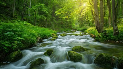 Flowing Stream in a Lush Forest