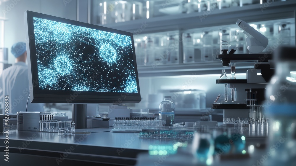 Poster scientists work in a high-tech lab, analyzing data on computer screens surrounded by laboratory equi