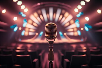 Retro microphone on stage retro voice sing studio for sound equipment record background radio classic, vintage musical event instrument of festival pop rock and karaoke audience
