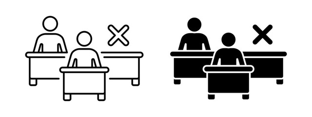 Missing student icon. Vacant place symbol. Fired employee vector illustration. Worker shortage sign. Workman dismissal pictogram. Classroom concept with missing student sitting at school desk.