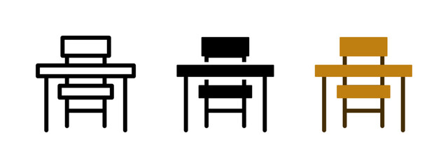 School desk icon. Table and chair symbol. Wooden classroom furniture vector illustration. Student workspace sign. School classroom seat. Education and learning university concept.