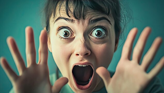 Woman screaming with wide eyes and open mouth.