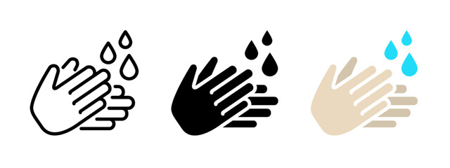 Obraz premium Hands washing icon. Hand wash with water drop vector illustration. Personal hygiene symbol. Antibacterial antiseptic prevention sign. Sanitary protection pictogram. Clean palm concept.
