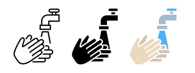 Obraz premium Hand washing with water running from faucet icon. Hands wash basin vector illustration. Personal hygiene symbol. Antibacterial prevention sign. Sanitary protection pictogram. Clean palm concept.