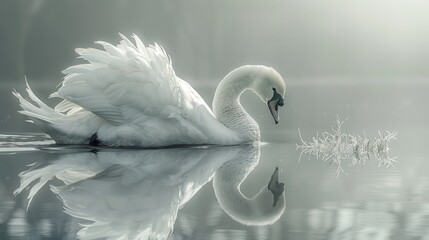 White Swan in a Misty Lake