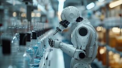Robot examining chemical flasks in a laboratory
