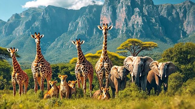 a large group of African creatures Giraffes, lions, elephants, monkeys, and other animals pose together with a mountain in the backdrop.