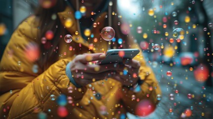 Woman Using Smartphone with Bubbles
