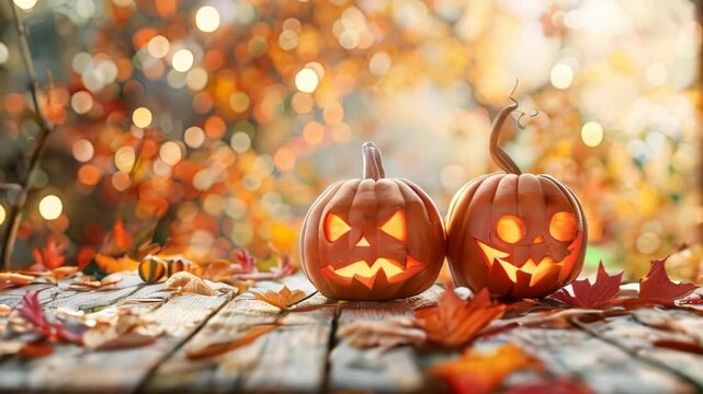 Two carved pumpkins glow warmly on a rustic wooden table, surrounded by vibrant autumn leaves. The background captures the essence of a magical fall evening with golden hues and a dreamy bokeh effect