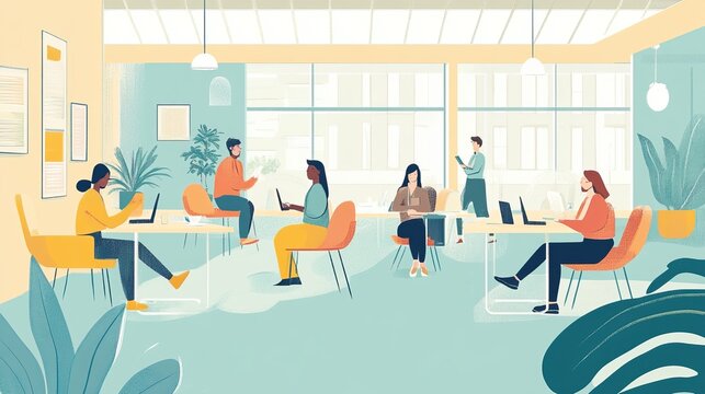Team brainstorming session with a focus on creativity and collaboration in a modern workspace. Flat illustration. AI generated image