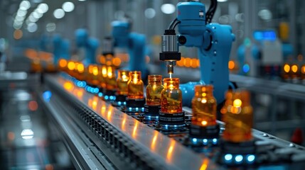 Automated Production Line with Robotic Arm Filling Bottles