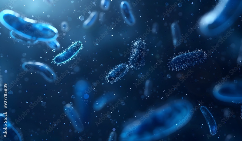 Poster a blue background with a close-up of bacteria. some small and large oval shapes are floating in the 