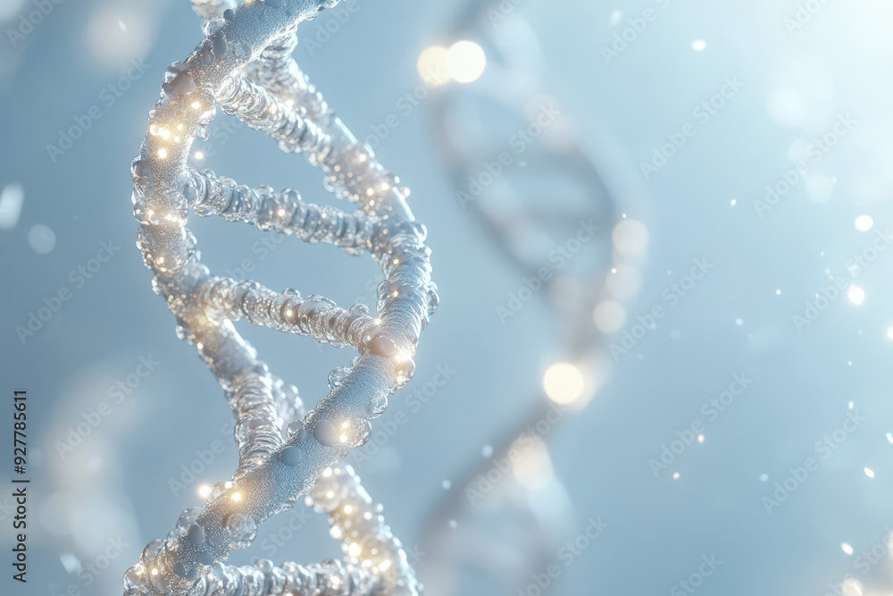 Poster abstract image of dna strand forming with shining particles floating around