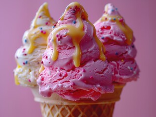 Three Ice Cream Cones with Drizzled Sauce