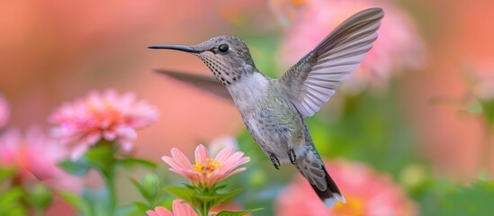 Hummingbird in Flight Over Pink Flowers