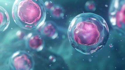Closeup of Delicate Pink Human Cells in Transparent Spheres Floating.