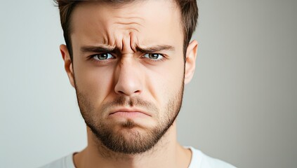 Obraz premium Man frowning with beard, looking at camera.