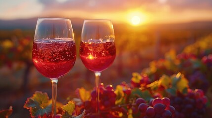 Two glasses of wine at sunset in a vineyard