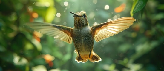 Hummingbird in Flight with a Green and Golden Background