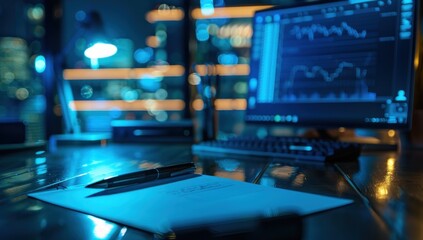 Fototapeta premium Nighttime Desk with a Pen and Paper, Cityscape Lights in the Background