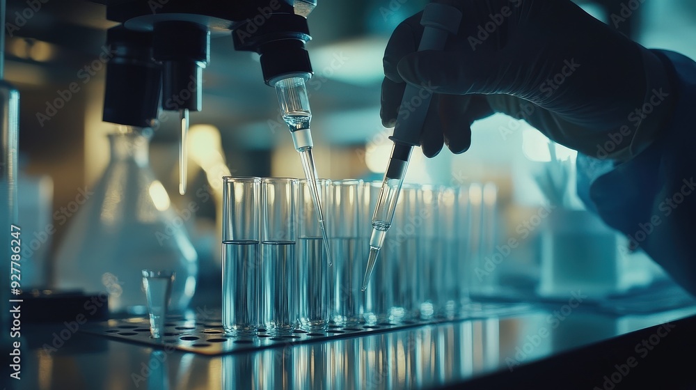 Poster a researcher is using a pipette to transfer liquid into multiple test tubes in a well-equipped labor