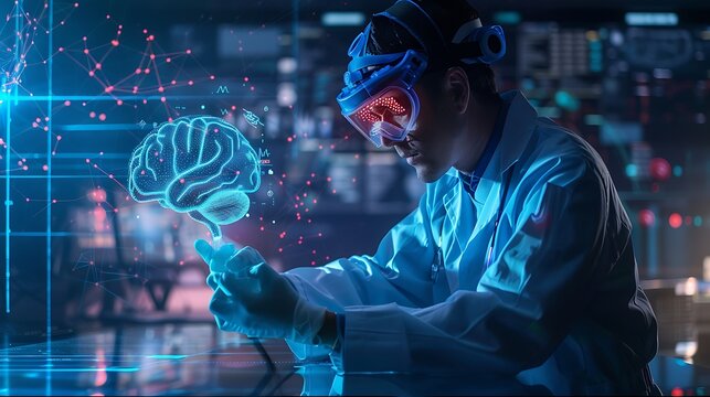 A scientist wearing a futuristic headset examines a digital representation of a human brain against a backdrop of glowing network lines.