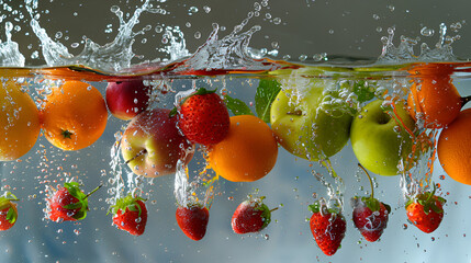 Fresh fruits and vegetables falling into water creating a vibrant splash Concept Vibrant Splash Fresh Produce Food Photography Water Droplets Colorful Impact, Fresh fruits, fresh vegetables, falling 
