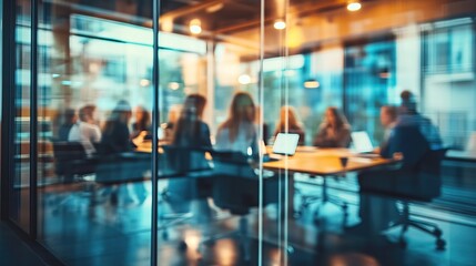 Blurred silhouettes of business people in a modern office setting with sunlight filtering through large windows. AI generated image