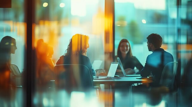Blurred silhouettes of business people in a modern office setting with sunlight filtering through large windows. AI generated image