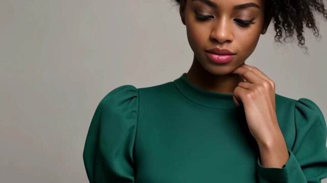 Close up portrait of a beautiful dark-skinned model with sensual lips in an elegant green dress