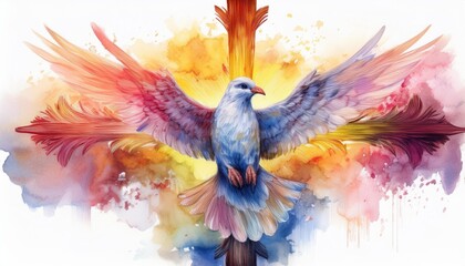 A luminous watercolor cross blending pinks and yellows, a gentle dove ascending toward the t 