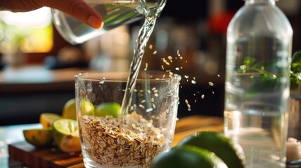 individual pouring water over oats and lime in blender, creating oatzempic breakfast drink