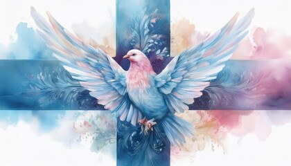 Obraz premium A pastel watercolor cross in gentle blues and pinks, with a radiant dove at the center, floa