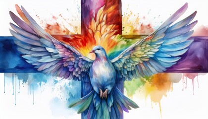Obraz premium A vibrant watercolor cross with rainbow hues, a soaring dove with an olive branch at the cen
