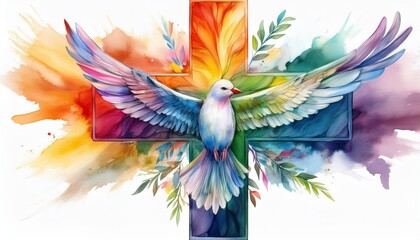 Fototapeta premium A vibrant watercolor cross with rainbow hues, a soaring dove with an olive branch at the cen