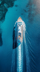 Top-down view of a modern cruise ship cruising in tropical waters