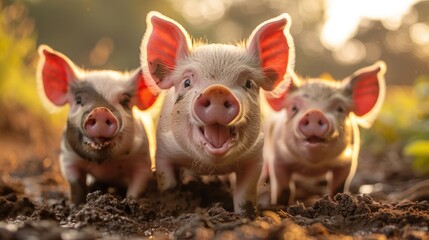 Three Happy Piglets In Mud