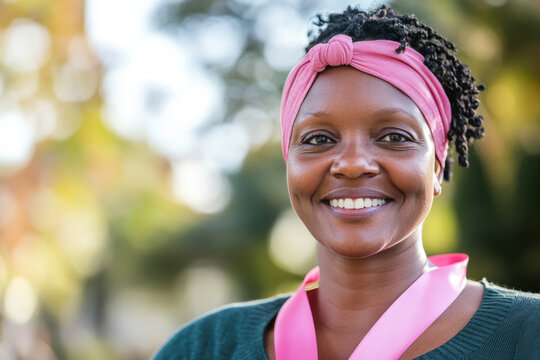 Portrait of a woman smiling wearing a pink ribbon for breast cancer awareness