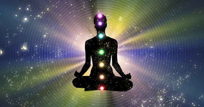 Silhouette, calm and chakra meditation with magic for energy points, spiritual wellness and mindfulness for peace. Person, lotus pos and neon aura for balance or reiki, mantra and holistic health.