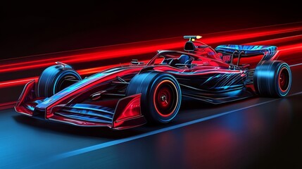 Modern 3d abstract f1 bolide racing car on a speedway. Quick motion. Finish line. Concept of...